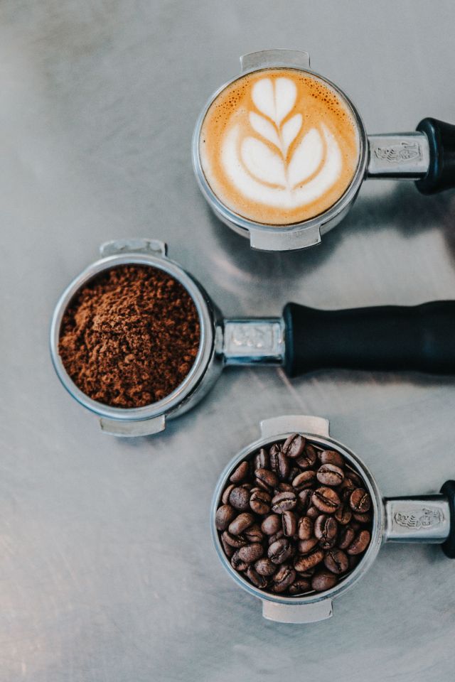 coffe beans, ground coffee and latte art